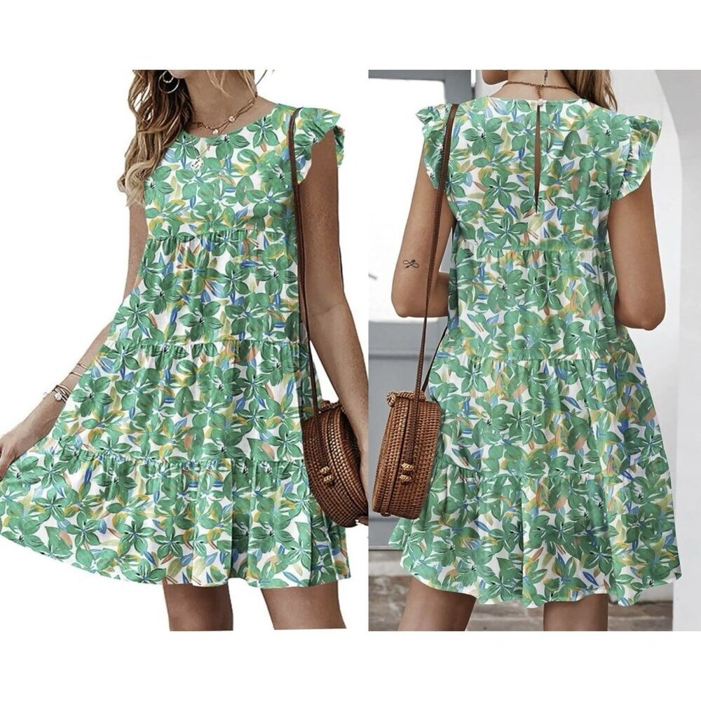 Kirundo Dress Women’s Size Medium Green Leaf All Over Print Summer Polyester